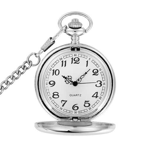 Silver Smooth Quartz Pocket Watch Mens Womens Necklace Clock