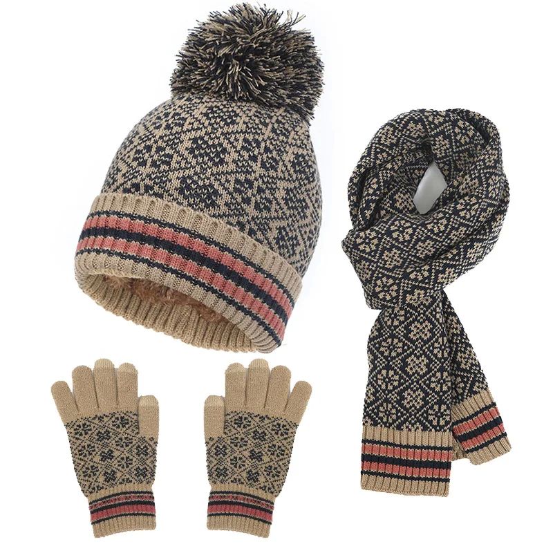 3Pcs Knitted Hat Gloves and Scarves Sets Winter Outdoor Warm