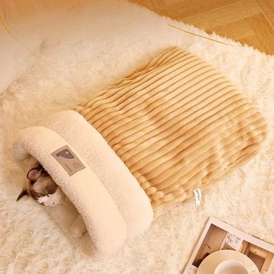 Warming Plush Cat Sleeping Bag: Enclosed Snuggle Sack with B