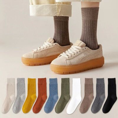 1/3/5 Pairs Women‘s Ribbed Mid-Calf Socks Forest Retro Cott