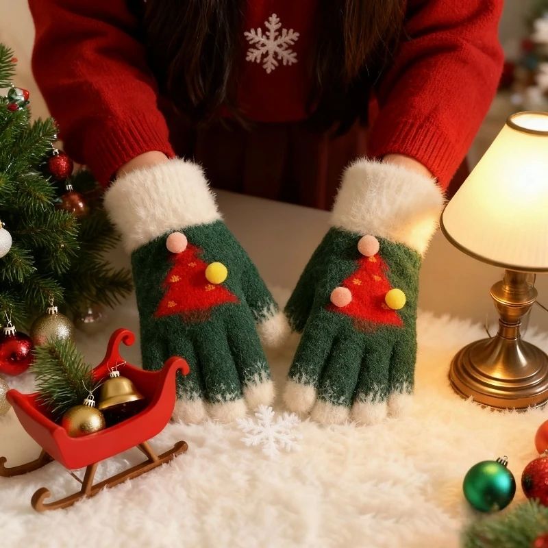 Fashionable Women Thick Warm Christmas Tree Gloves with Elas