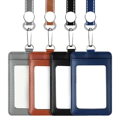 Carabiner Style Genuine Leather Card Badge Holder With Lanya