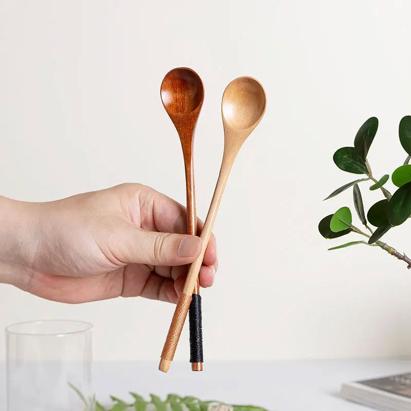 2Pc Wooden Tea Spoon Long Coffee Spoons Small Teaspoon Set W