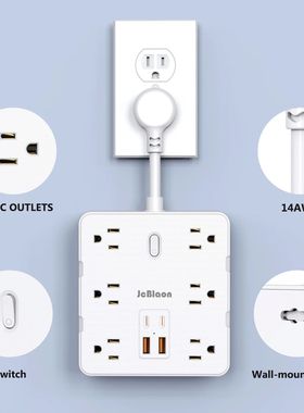 Flat Plug Power Strip with 12 Widely Outlets 4 USB Ports(2 U
