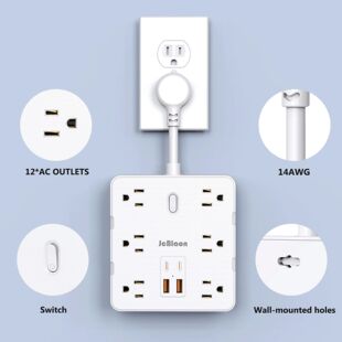 Flat Plug Power Strip with 12 Widely Outlets 4 USB Ports(2 U