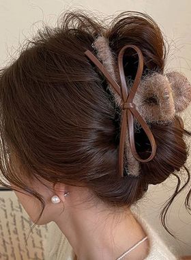 Plush Leather Bow Large Hair Claw Autumn/winter Furry Headba