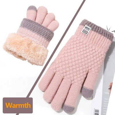 Women's Check Pattern Knitted Gloves, Fleece Lined Warm Touc