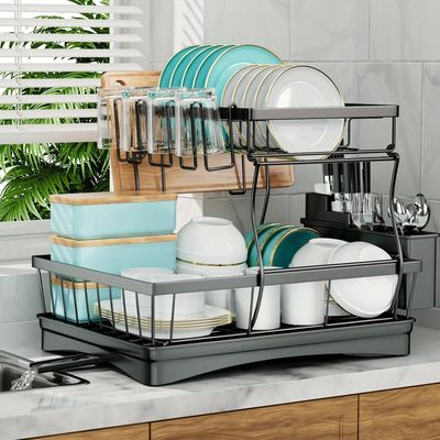 Large 2-tier dish drying rack for kitchen countertops, remov