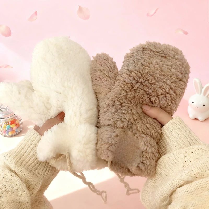 Winter lamb wool gloves, women's neck hanging, cute students