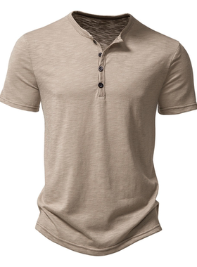Henley Collar Summer Men Casual Solid Color Short Sleeve T S