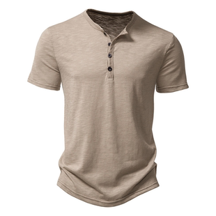 Henley Collar Summer Men Casual Solid Color Short Sleeve T S