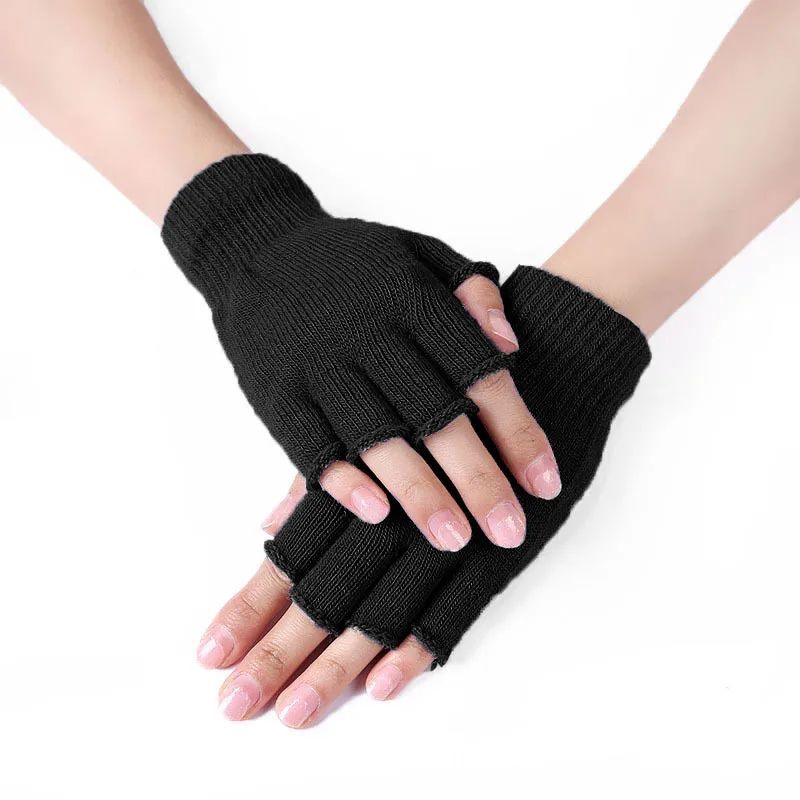 1Pair Unisex Black Half Finger Fingerless Gloves for Women a