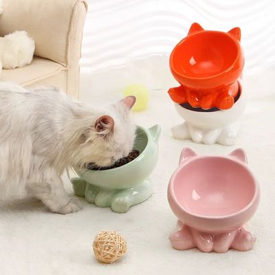 Tilted Elevated Ceramic Cat Bowl Cute Anti Black Chin Pet Fe