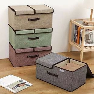 Cotton Fabric Foldable Storage Box Large Double Lid With Cov