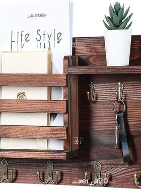 Wooden Key Holder Box with 6 Hooks Wall Mounted Handmade wit