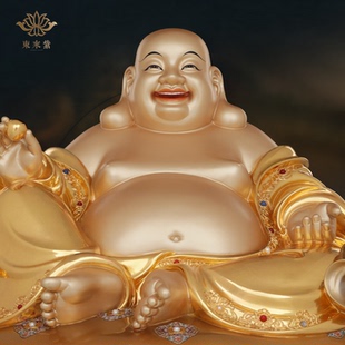 黄铜贴金弥勒像摆件寺庙家用供奉招财创意工艺品装 饰京铜摆件