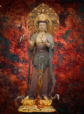 观音佛像观世音菩萨家用款供奉南海普陀山铜像东来紫西方三圣摆件