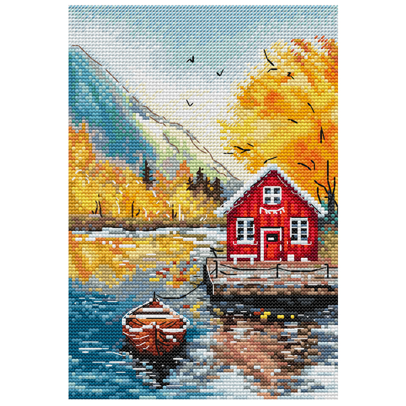 法国DMC十字绣套件风景 A1277秋景水边红房子 满绣 装饰画新款