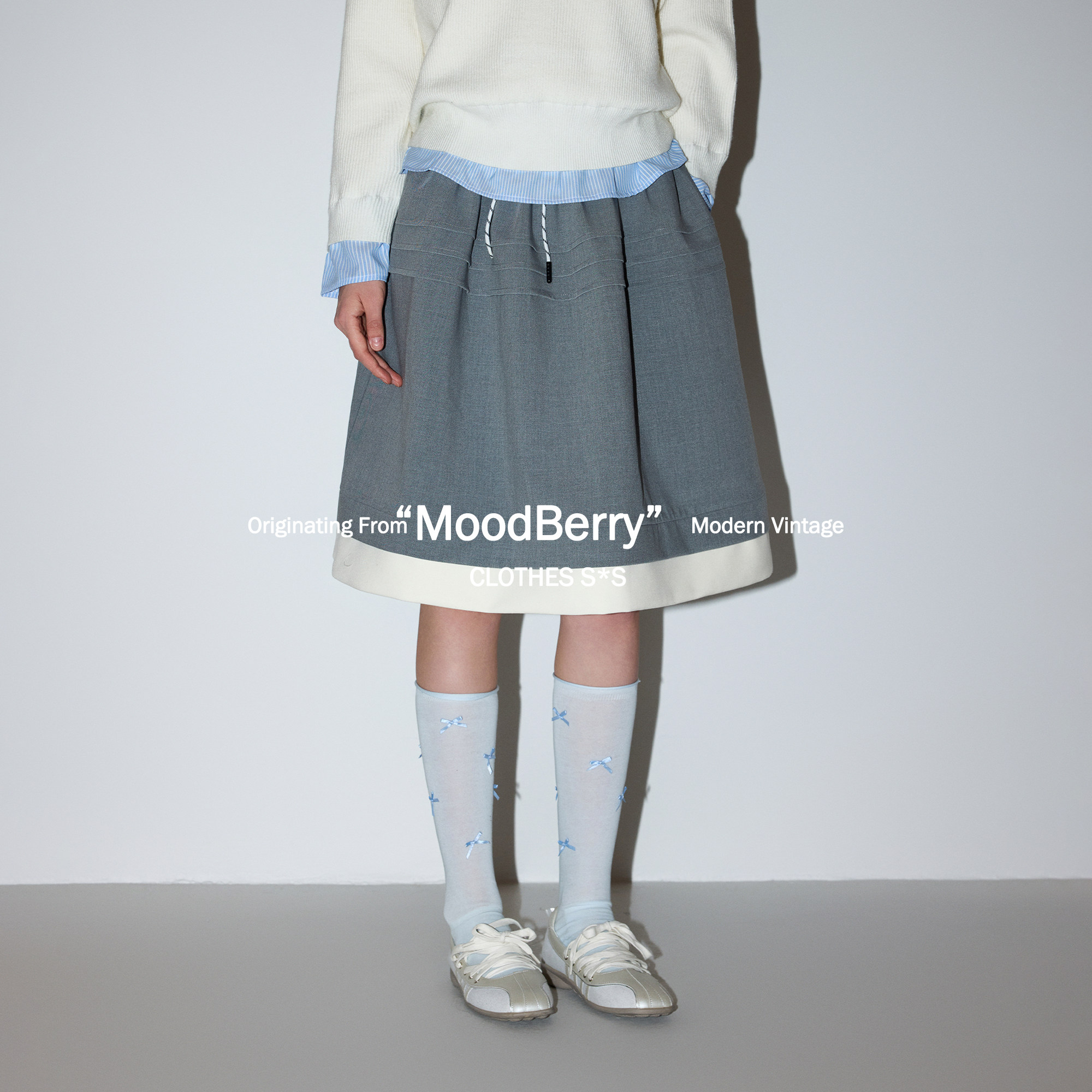 MoodBerry学院风松紧腰拼色设计感半身裙女春款抽绳休闲百搭A字裙图片