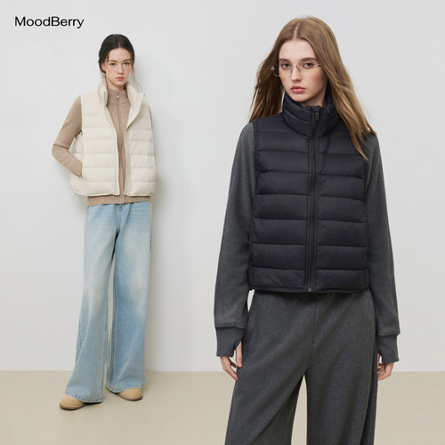 MoodBerry 90白鸭绒立领排骨羽绒马甲背心女冬季短款保暖外套上衣