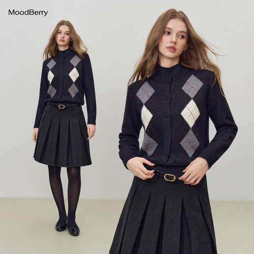 MoodBerry 美式复古菱纹针织开衫女秋冬正肩纽扣休闲百搭长袖上衣