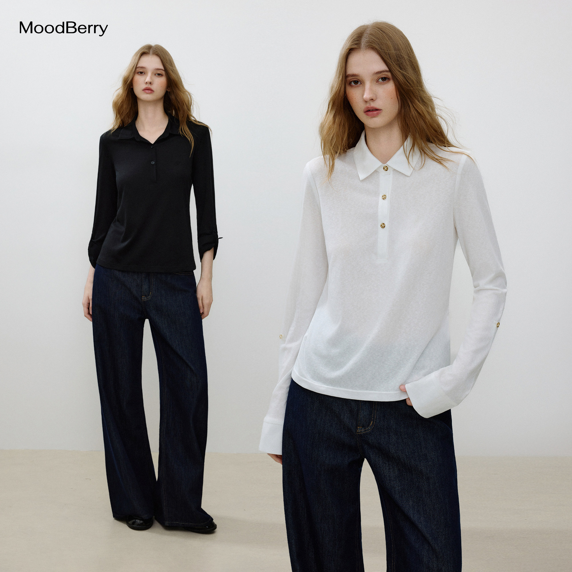 MoodBerry美式复古POLO领T恤女秋季慵懒感修身显瘦百搭长袖上衣服图片