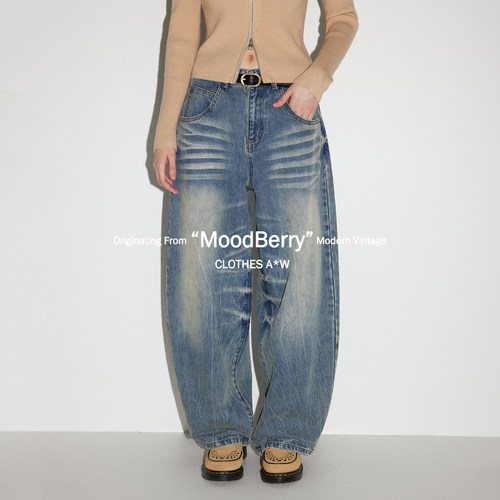 MoodBerry 美式复古水洗弯刀低腰牛仔裤女秋冬慵懒宽松直筒阔腿裤