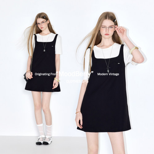 MoodBerry美式复古简约吊带连衣裙套装女夏季纯色短袖T恤宽松上衣