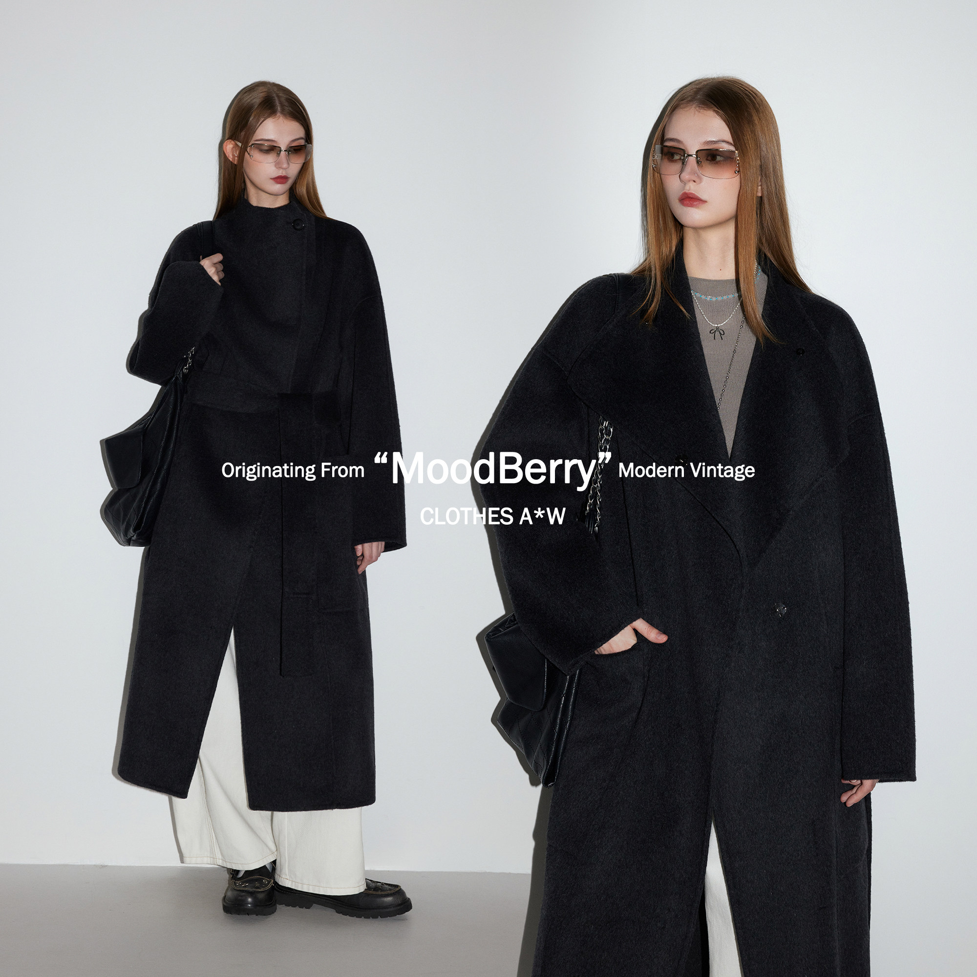 MoodBerry 复古翻领大口袋落肩双面羊毛大衣女冬季系带毛呢厚外套