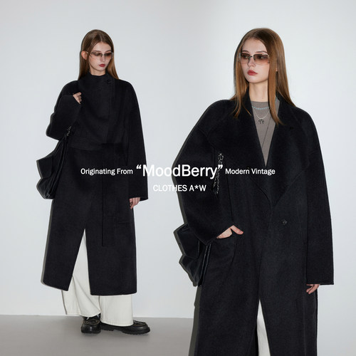 MoodBerry 复古翻领大口袋落肩双面羊毛大衣女冬季系带毛呢厚外套