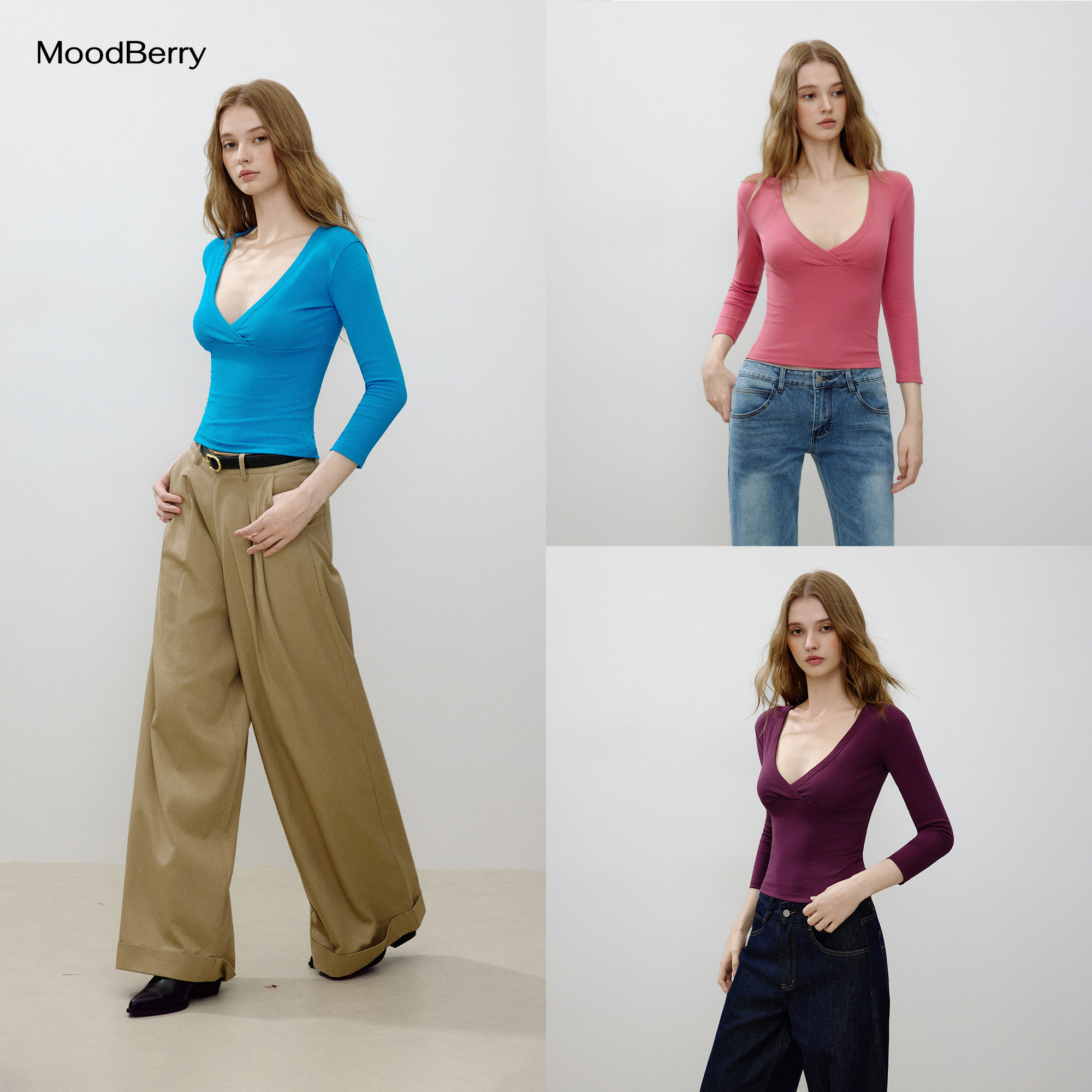 MoodBerry 美式复古交叉深V低胸七分袖T恤女秋季修身显瘦纯色上衣图片