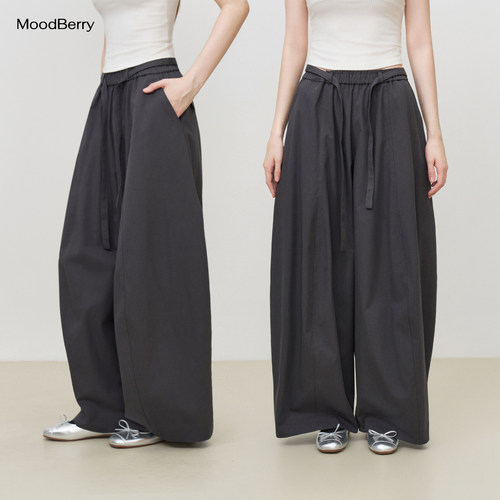 MoodBerry 美式复古绑带压褶垂感阔腿裤女秋冬高腰款休闲百搭长裤