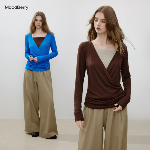 MoodBerry美式复古撞色拼接假两件长袖T恤女秋季修身显瘦荡领上衣