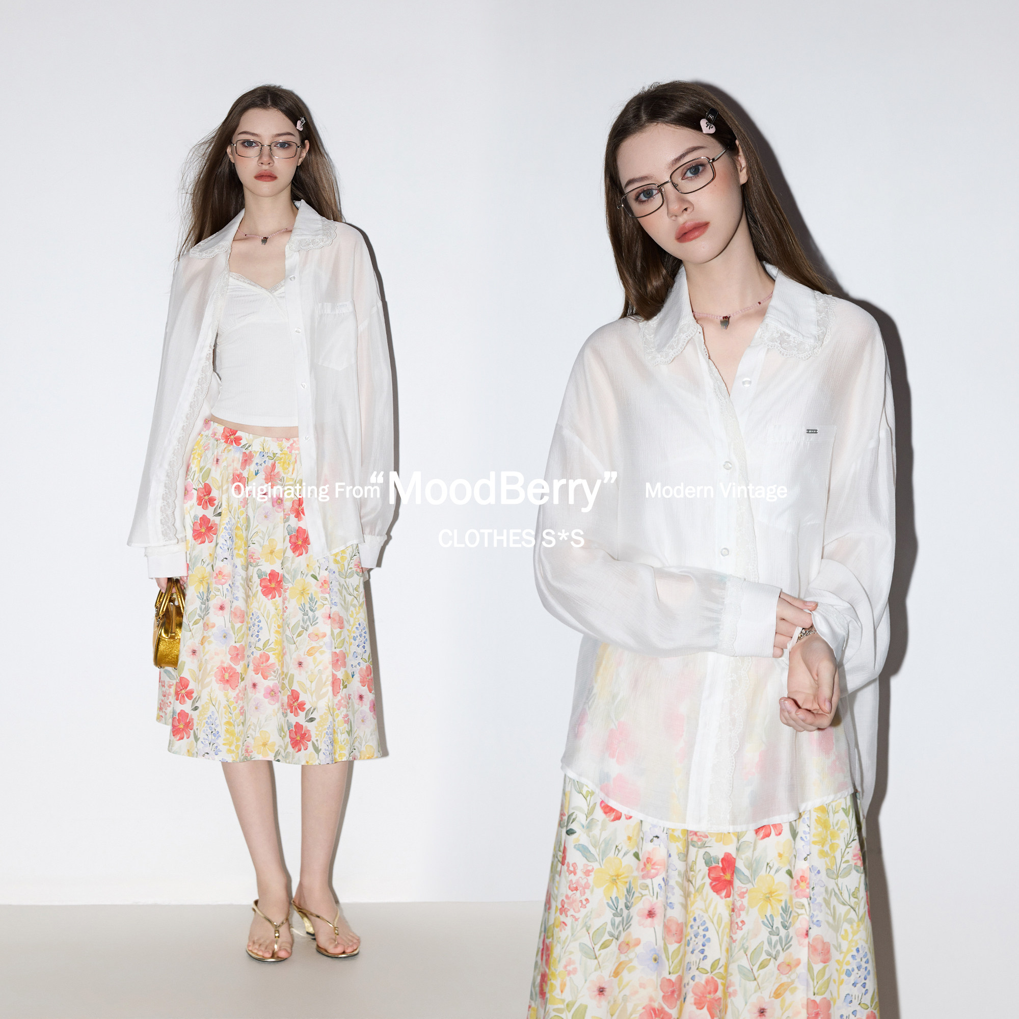MoodBerry 美式复古天丝垂感防晒衬衫女夏季蕾丝花边宽松长袖上衣