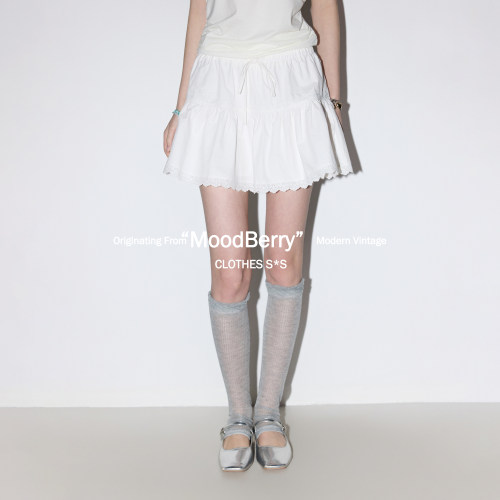 MoodBerry 美式复古蕾丝边蝴蝶结蛋糕短裙女夏季纯色简约百搭裙子