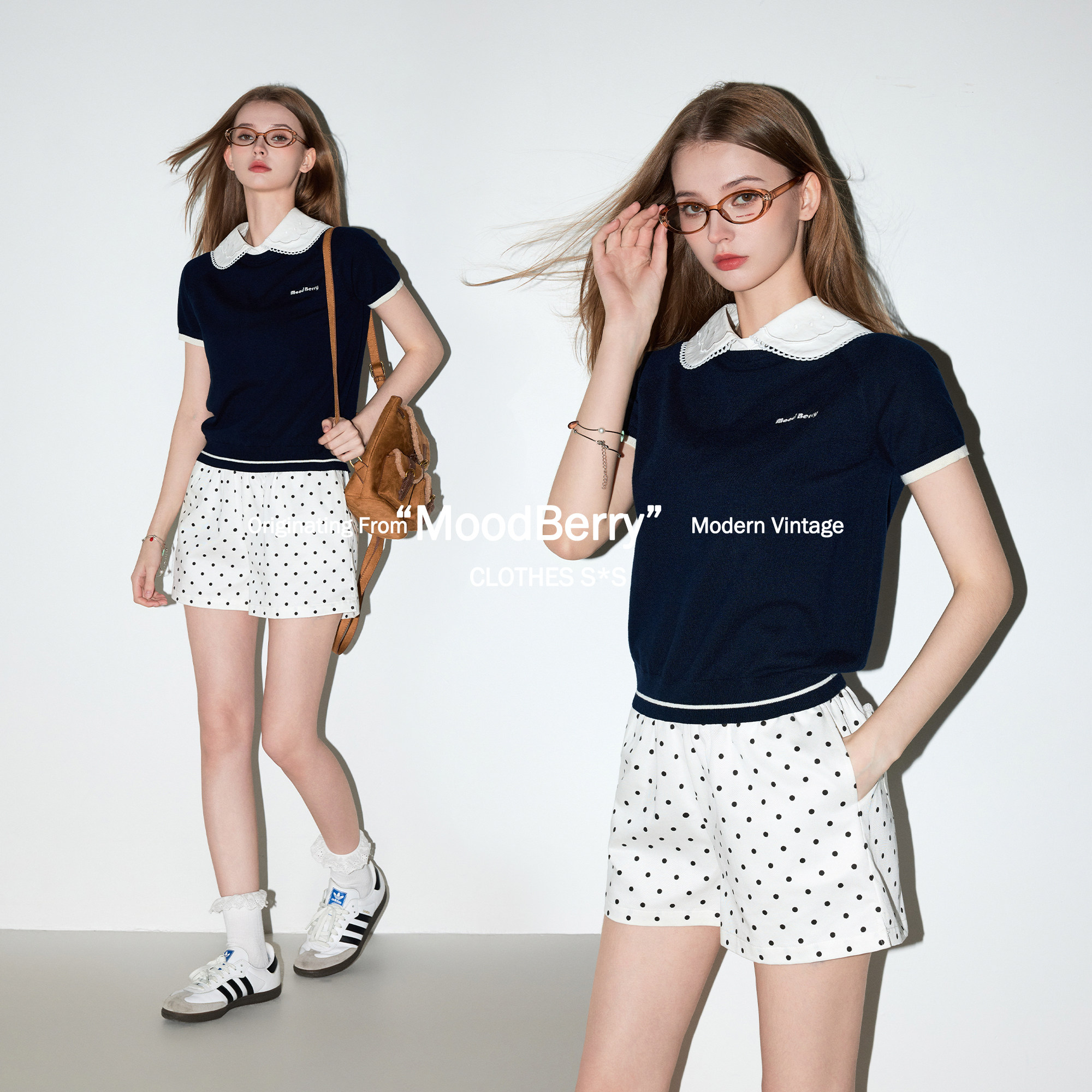 MoodBerry美式学院风娃娃领撞色针织短袖T恤女夏季休闲百搭款上衣