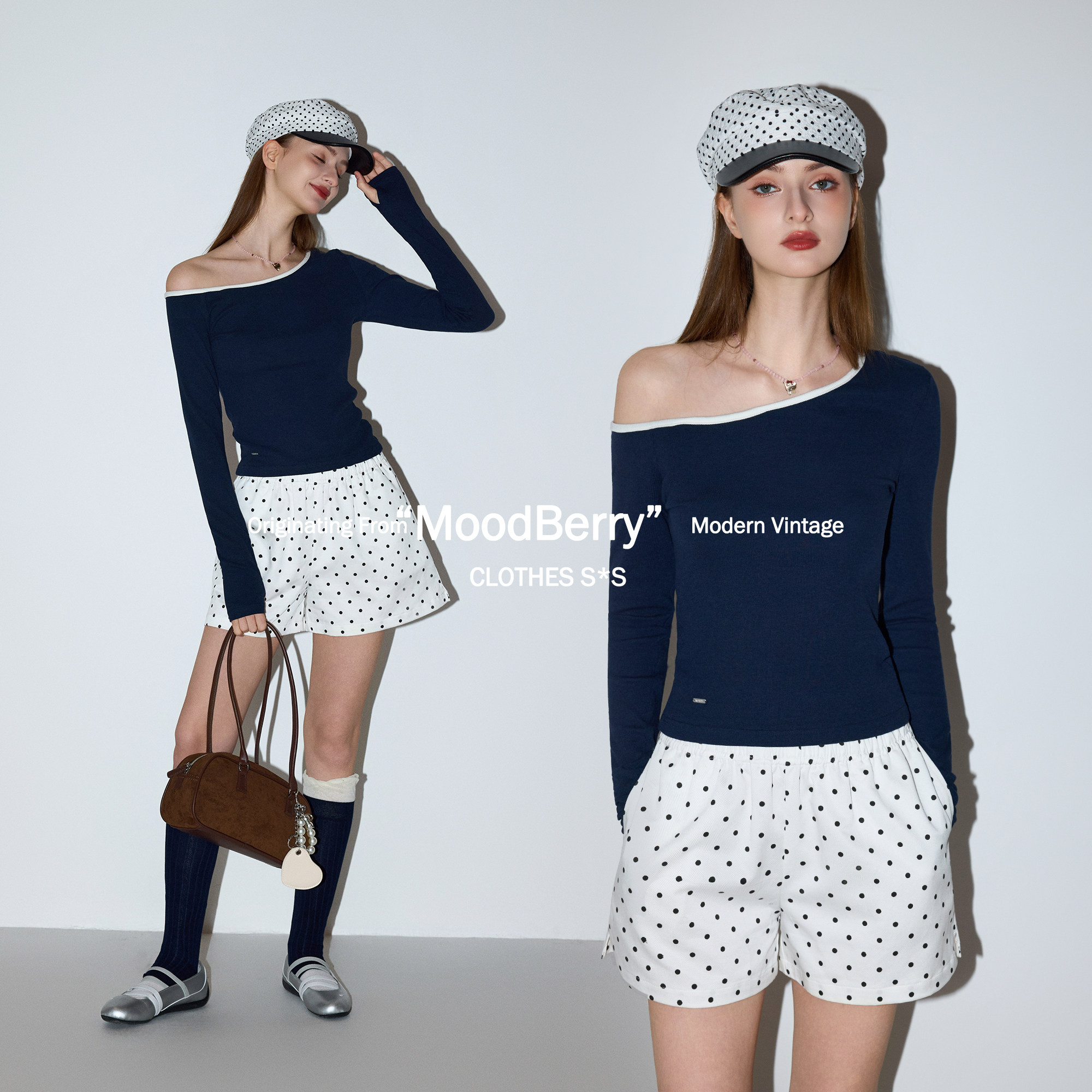 MoodBerry美式复古风斜领撞色露肩长袖T恤女春季休闲修身短款上衣图片