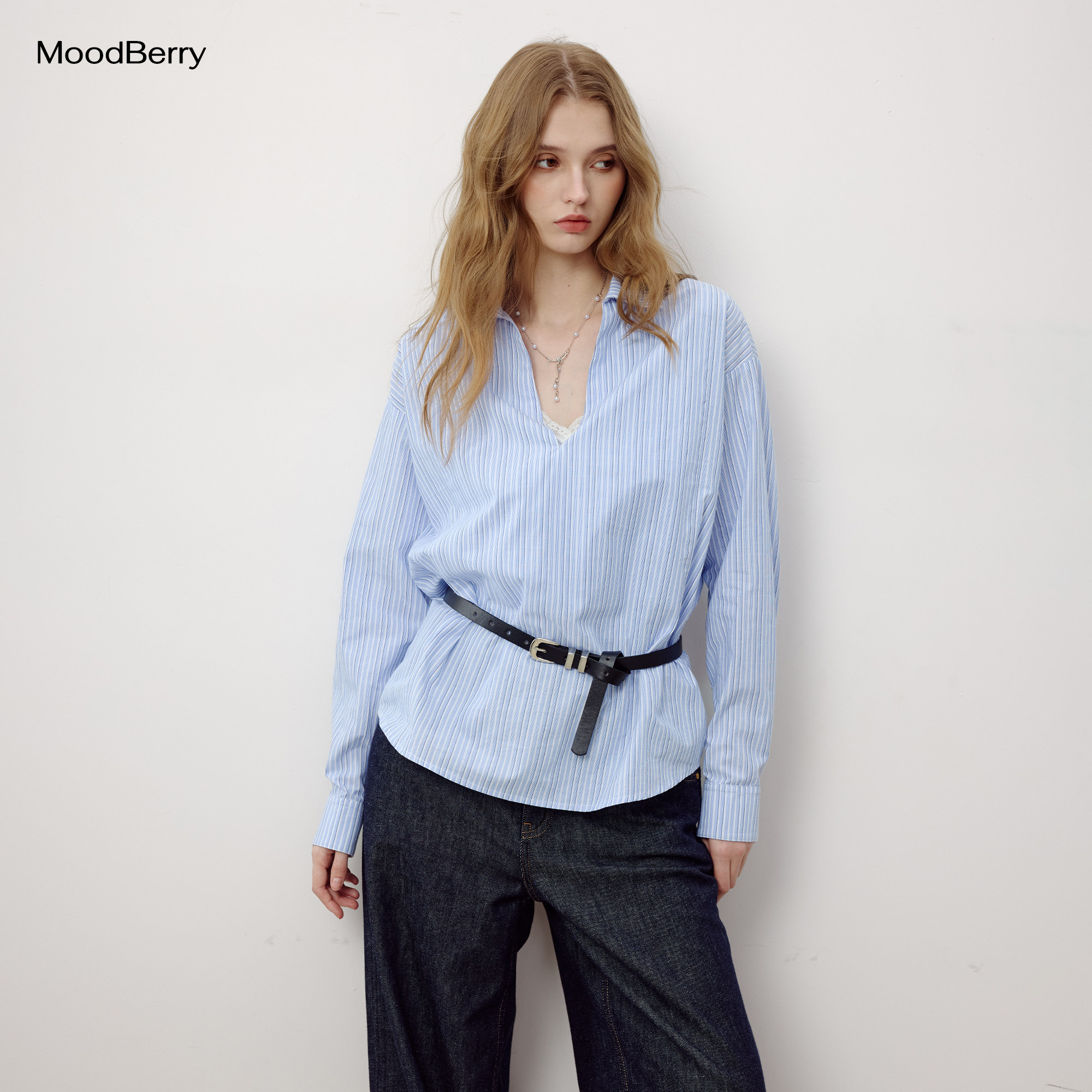 MoodBerry 美式复古翻领条纹衬衫女秋季宽松显瘦休闲百搭长袖上衣图片
