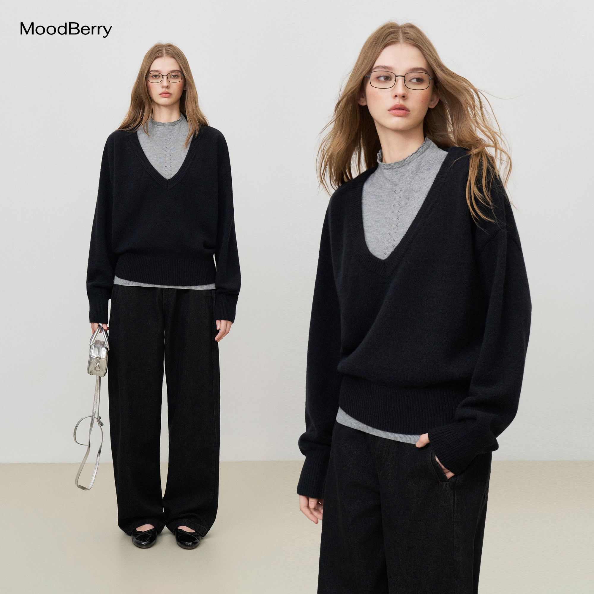 MoodBerry美式复古纯色宽松V领毛衣女秋冬修身针织镂空背心两件套