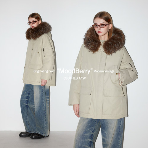MoodBerry 美式复古毛领连帽派克服女冬季款保暖宽松休闲工装外套