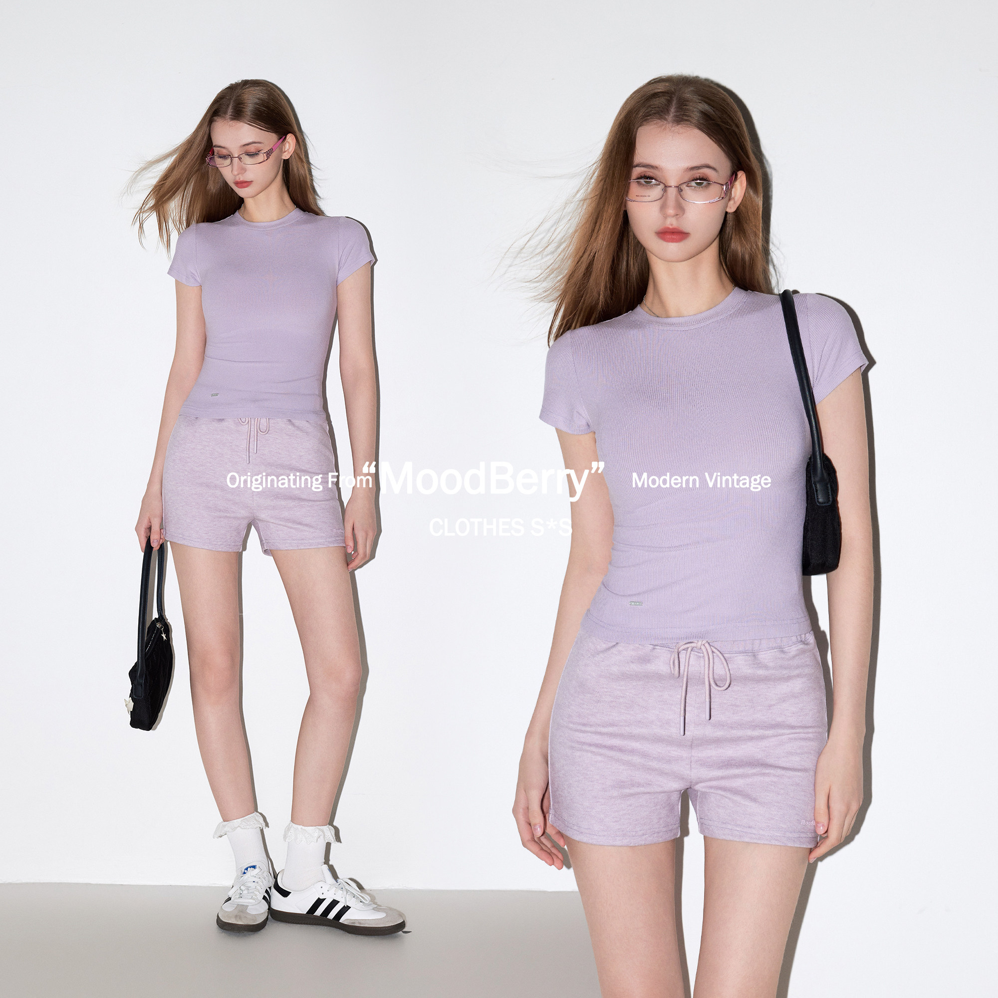 MoodBerry美式复古紫色运动修身小圆领短袖T恤女夏季正肩短款上衣