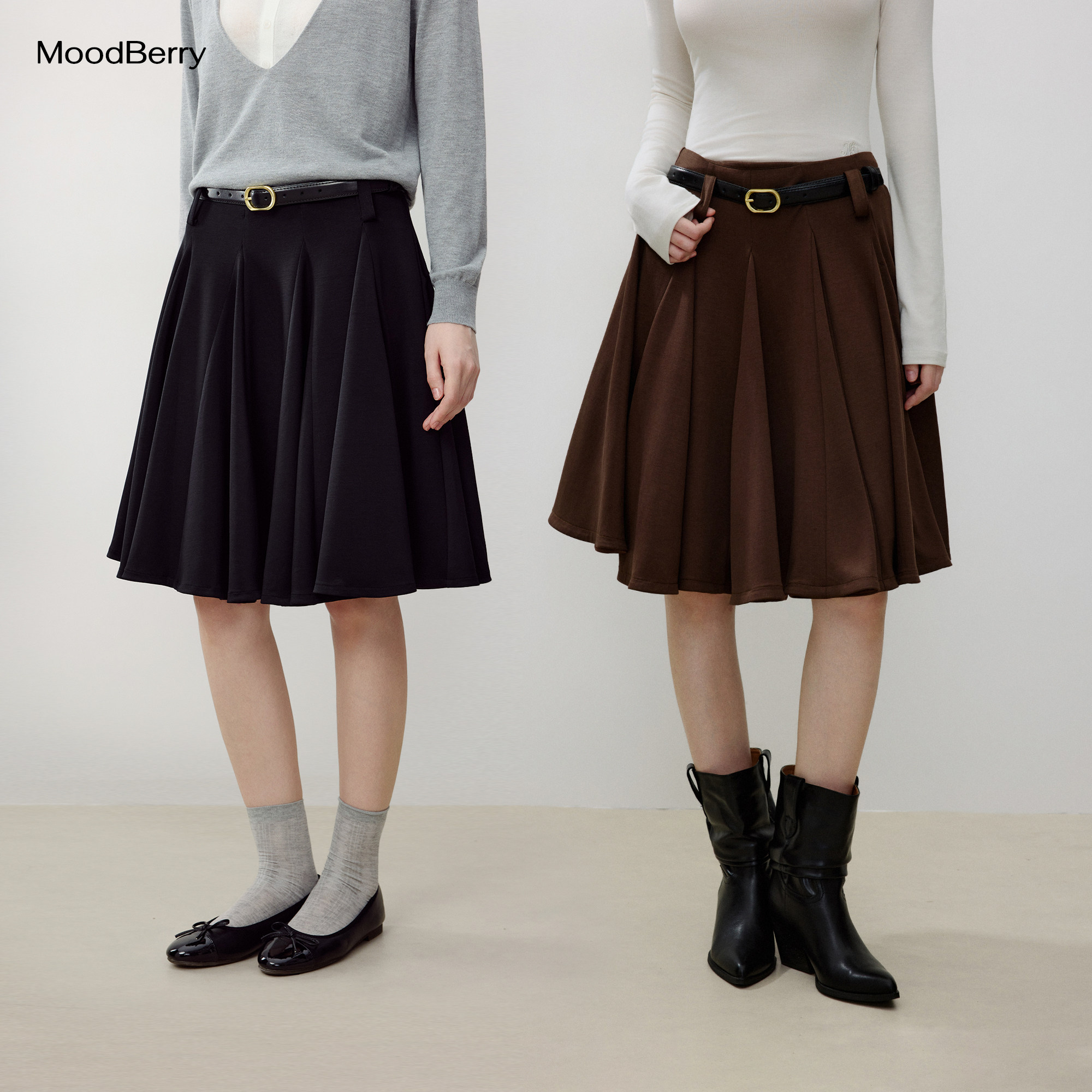 MoodBerry美式复古纯色百褶半身裙女秋季百搭高腰款显瘦百搭A字裙图片