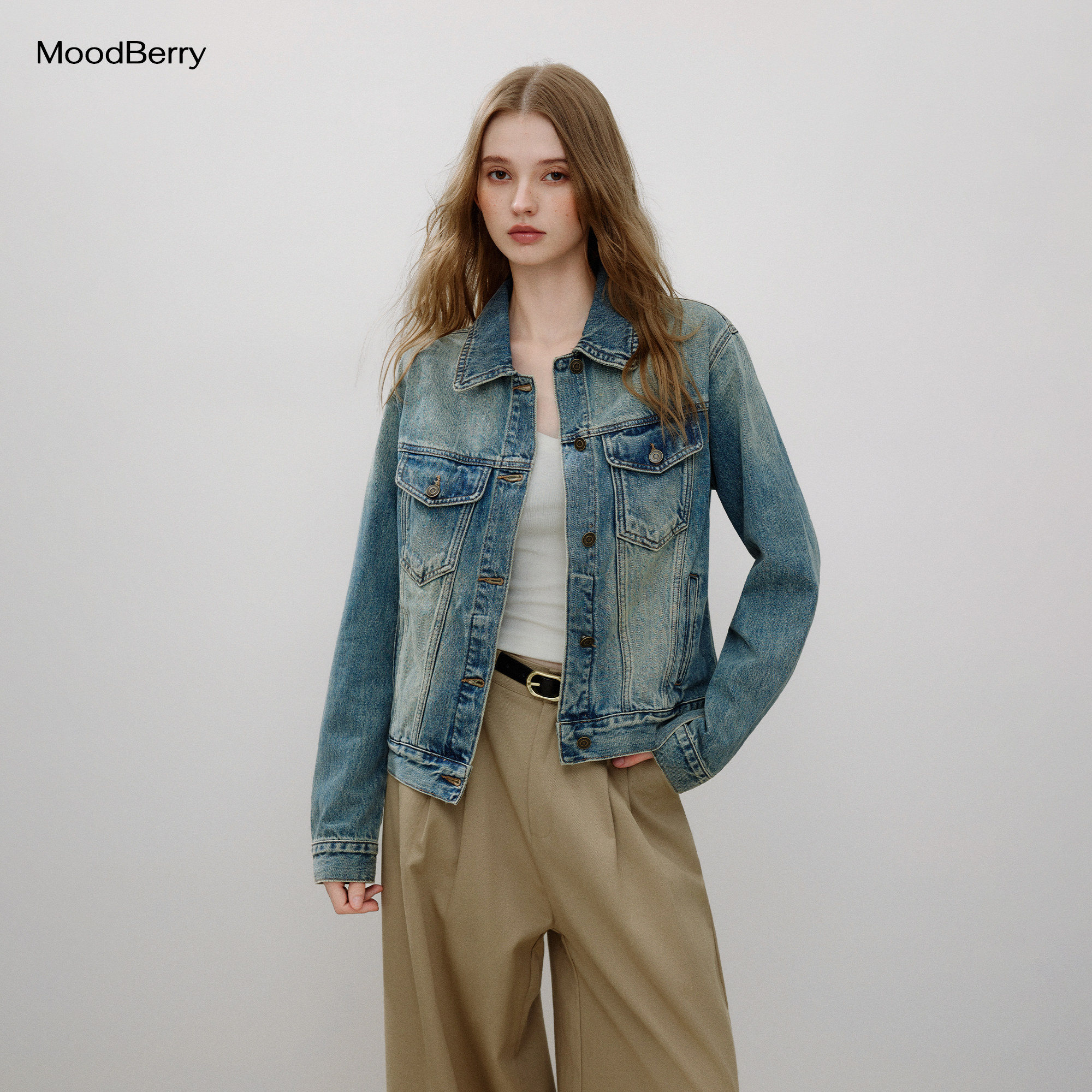 MoodBerry 美式复古做旧水洗牛仔外套女秋季宽松百搭翻领夹克上衣图片