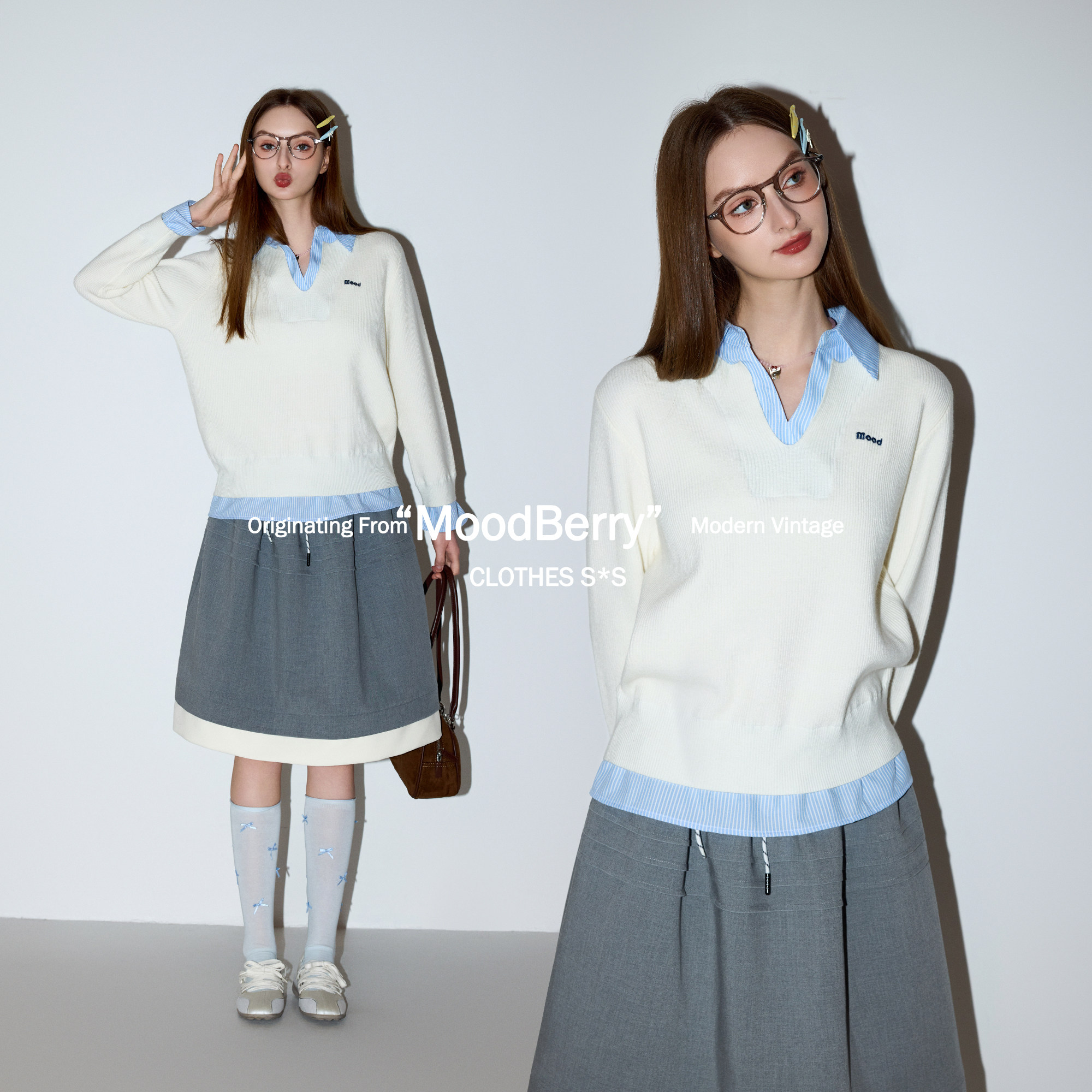 MoodBerry 美式学院风假两件撞色拼接衬衫领针织衫女春款毛衣上衣