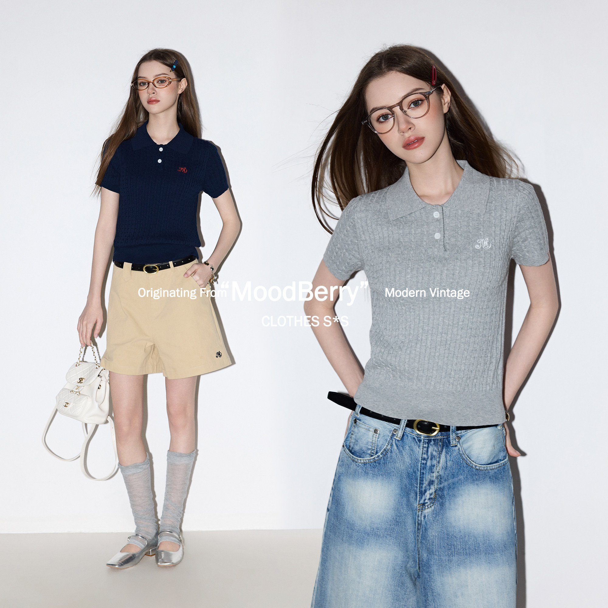 MoodBerry 美式复古纯色简约针织POLO领短袖女夏季休闲百搭款上衣