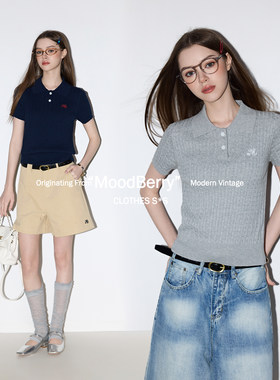 MoodBerry 美式复古纯色简约针织POLO领短袖女夏季休闲百搭款上衣