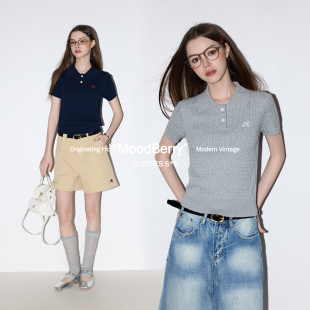 MoodBerry 美式复古纯色简约针织POLO领短袖女夏季休闲百搭款上衣