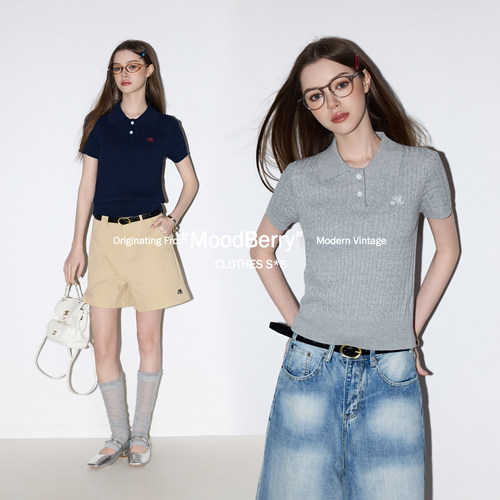 MoodBerry 美式复古纯色简约针织POLO领短袖女夏季休闲百搭款上衣