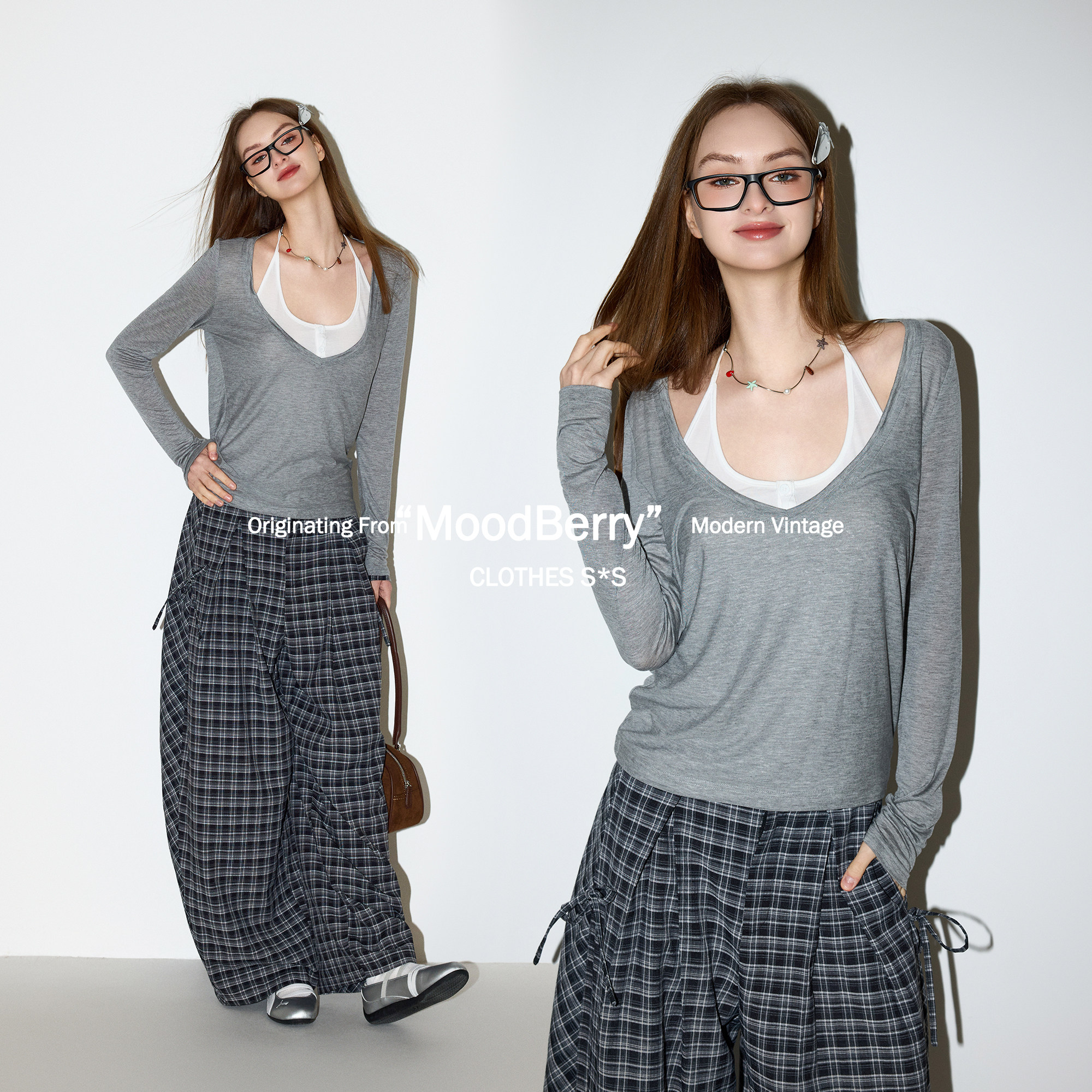 MoodBerry 美式复古风V领假两件长袖T恤女春夏设计感宽松休闲上衣