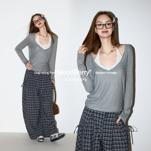 MoodBerry 美式复古风V领假两件长袖T恤女春夏设计感宽松休闲上衣